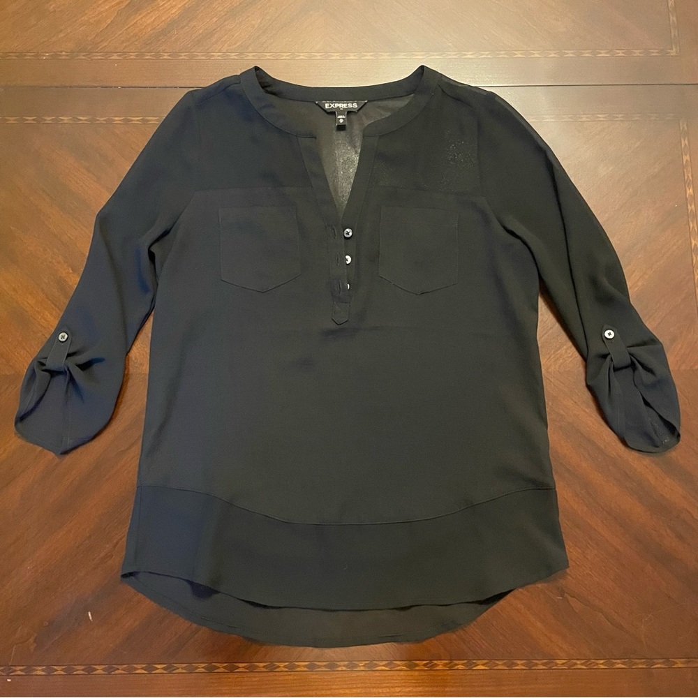 Express Black 3/4 Sleeve Blouse with Sheer Panels XS